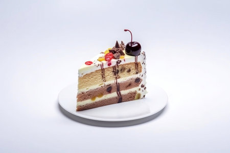 Close-up of a piece of chocolate cake with milk cream. The treat lies on disposable tableware. Takeaway food. Dessert in a cafe or restaurant.の素材