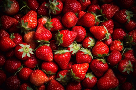 background from freshly harvested strawberries, directly aboveの素材