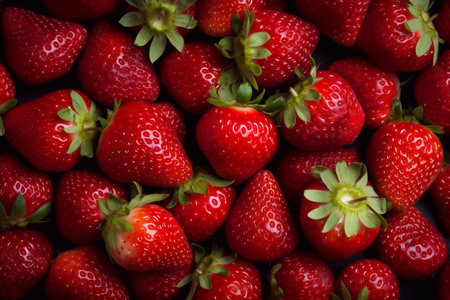 A group of fresh strawberries background. Close up, top view. Fruit and healthy food concept.の素材