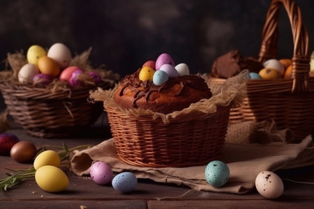 Easter cake and colorful eggs in basket on wooden table. Selective focusの素材