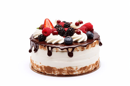 cake with chocolate and berries on a white background, close-upの素材