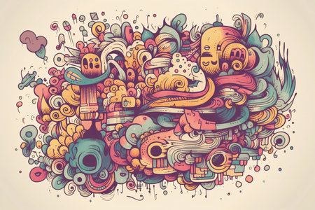 Cartoon cute doodles hand drawn Halloween illustration. Colorful detailed, with lots of objects background. Funny vector artwork.の素材