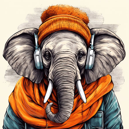 Elephant listening music with headphones. Hand drawn illustration for your designの素材