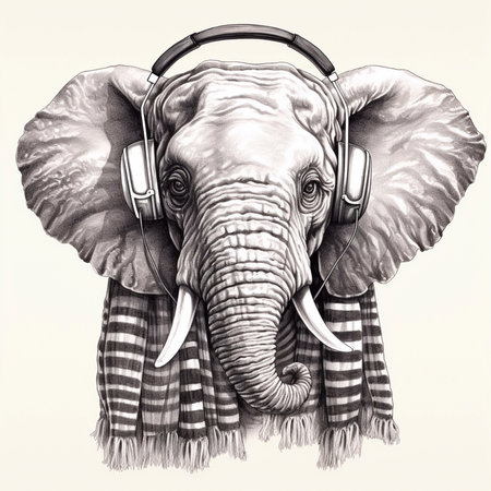 Elephant listening to music with headphones, hand drawn vector illustration.の素材