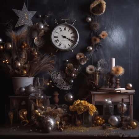 Vintage interior with clock and Christmas decorations on dark background.の素材