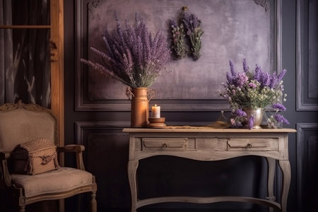 Lavender flowers in a vase on an old wooden tableの素材