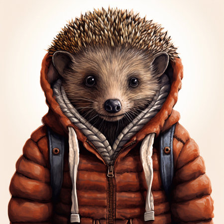 Hedgehog in a warm jacket. Portrait of a wild animal.の素材