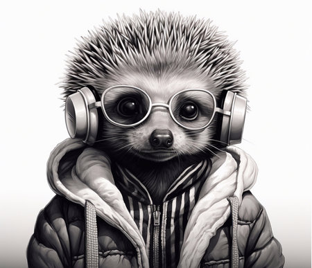 Portrait of a cute little hedgehog wearing headphones and jacket.の素材