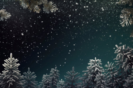 Christmas background with fir tree branches and snowflakes. Toned.の素材