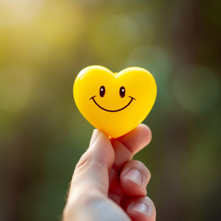 Smiling yellow heart with smiley face in hand on nature backgroundの素材