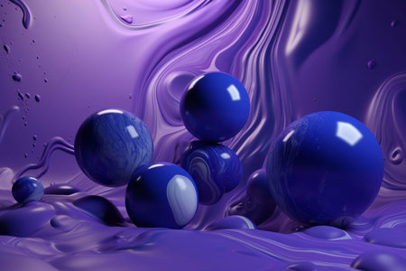 3d render, abstract background with blue and purple spheres in liquidの素材