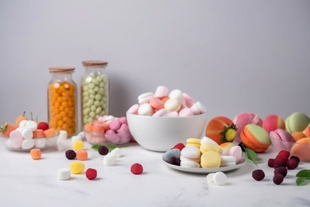 Assorted colorful candies on white marble table. Copy space.の素材