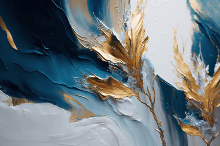 Abstract blue and gold paint background. Oil paint texture. Artwork for creative design.の素材