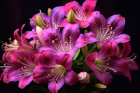 Beautiful bouquet of pink lilies on a black background.の素材