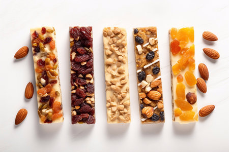 Granola bars with nuts, raisins and dried fruits on white wooden background, top viewの素材
