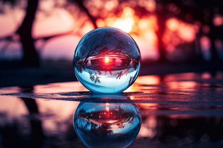 Crystal ball with sunset in the background. Conceptual image of the nature.の素材