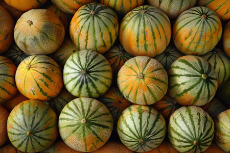 A lot of melons in the market, closeup of photoの素材