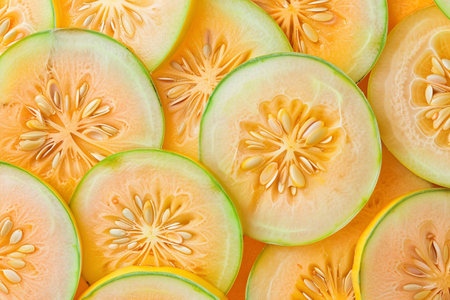 Close up of melon slices background. Top view, flat lay.の素材
