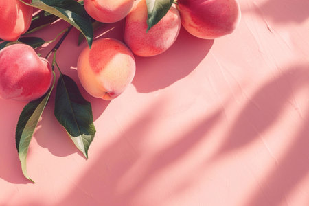 Fresh ripe apricots with leaves on pink pastel background with copy spaceの素材