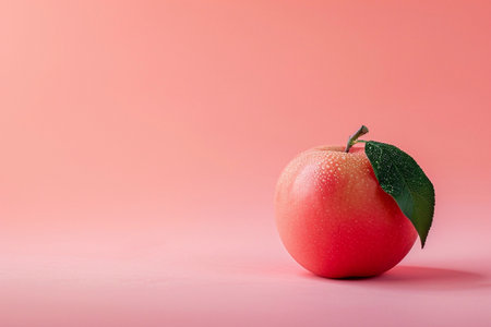 Ripe red apple with green leaf on pink background, copy spaceの素材