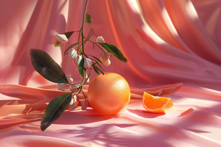 Oranges and leaves on a pink satin background. 3d renderingの素材