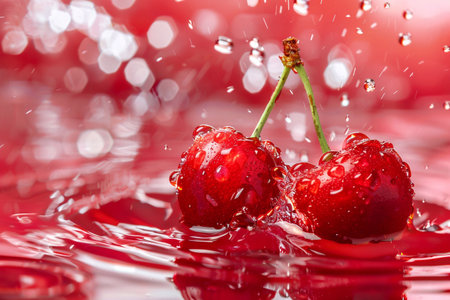 Cherries in water with drops of water on a red backgroundの素材
