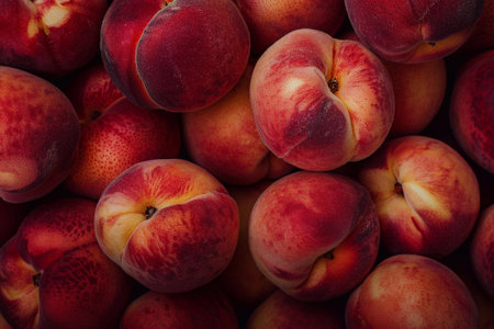Fresh ripe peaches background. Top view. Close-up.の素材