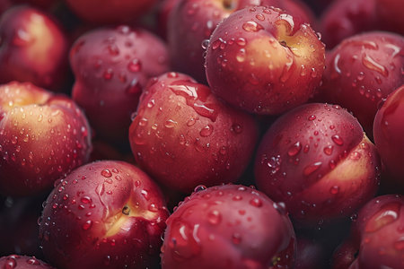 Close-up of fresh ripe red plums with water drops.の素材