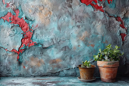 Plants in clay pots on the background of a painted wall.の素材