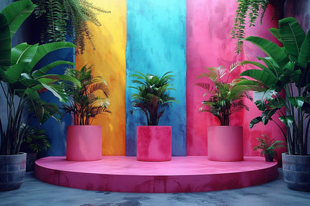 3d render of pink podium with green plants in pots on colorful backgroundの素材