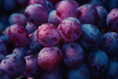 Close-up of a bunch of grapes with water droplets.の素材