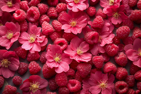 Fresh raspberries and pink flowers as a background. Top view.の素材