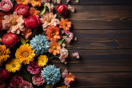 Beautiful flowers on a wooden background with space for text.の素材