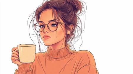 Drawn stylish modern girl standing with a cup of coffee. generative AIの素材