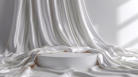 3D white podium, silk fabric, background for product presentation.の素材