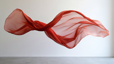 Captured the elegance of movement: a vibrant red silk fabric floating gracefully against a pure white backdrop, evoking a sense of freedom and sophistication.の素材