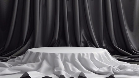 3D white podium, silk black fabric, background for product presentation.の素材