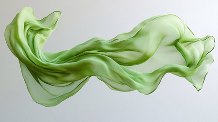 Green silk floating fabric on a white background.の素材