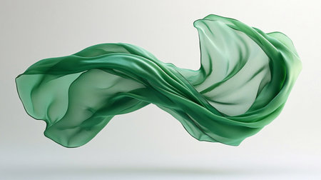 Green silk floating fabric on a white background.の素材