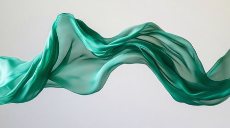 Green silk floating fabric on a white background.の素材