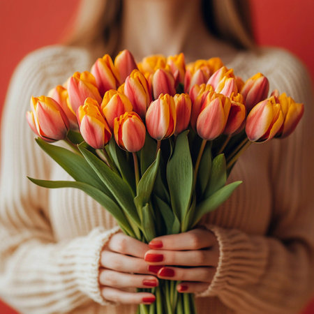 A girl holds a bouquet of beautiful red tulips in her hands. Holiday. March 8. Women's Day.の素材