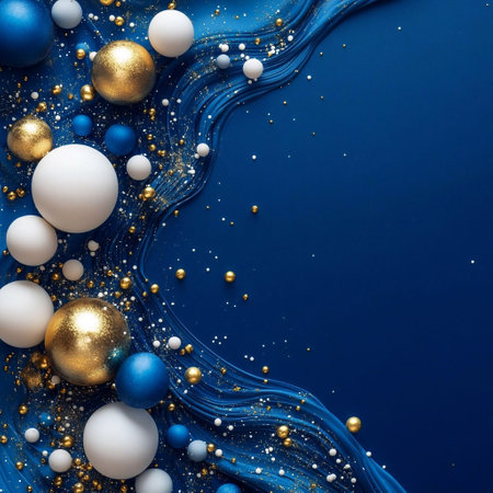 blue background with spheres with white and gold designの素材