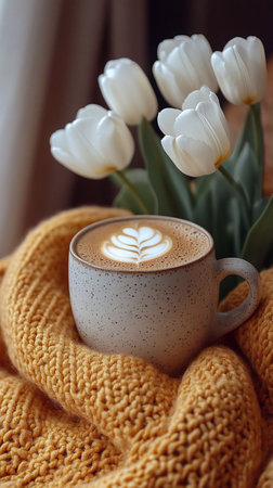 Cup with cappuccino, yellow giant knit blanket, flowers white tulips, spring, woman day, morning concept.の素材
