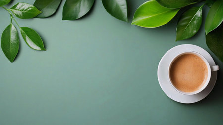 Cup of coffee on a blue background. Decorated leavesの素材