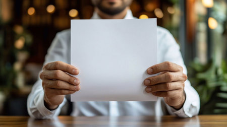 A man holds a white blank sheet of paper in his hands.の素材