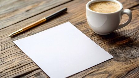 Blank sheet with pen, cup of coffee on wooden table.の素材