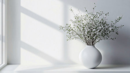 White Gypsophila in a Round Vase. Minimalist Floral Arrangement by a Window.の素材