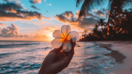 Ocean's Embrace, A Plumeria Flower Bathed in Sunset Lightの素材