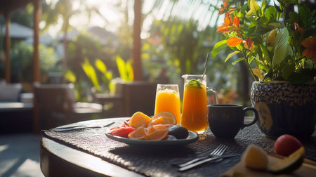 Tropical breakfast. A colorful array of fresh fruits on a tropical patio and orange juice. Sunny morning. Enjoying the outdoors.の素材