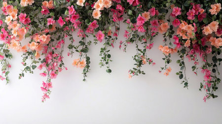 A blooming cascade of bright colorful pink and orange flowers. A beautiful display of flowers. The embrace of spring.の素材